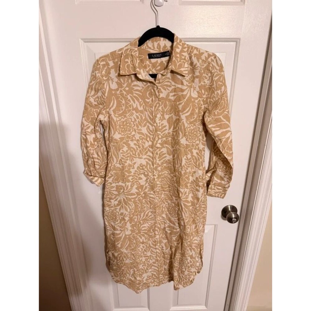Lauren Ralph Lauren Linen Floral Shirt Dress Petite 4P Tan Beige Midi Pockets
